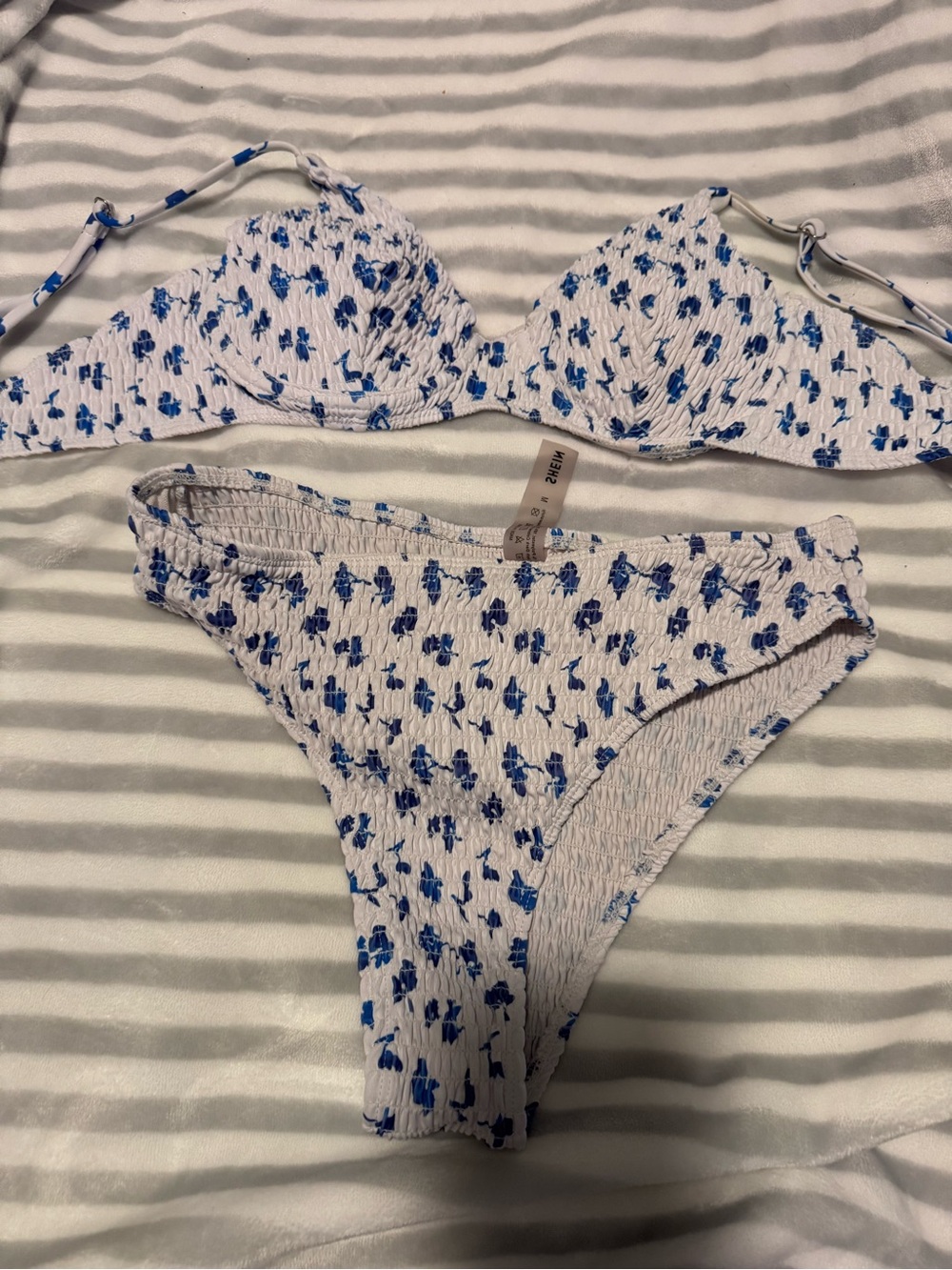 SHEIN White & Blue Floral Smocked Bikini Set